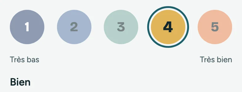 Sélecteur d'humeur : cinq pastilles numérotées de 1 à 5, du bleu ardoise au sable, la 4 « Bien » sélectionnée