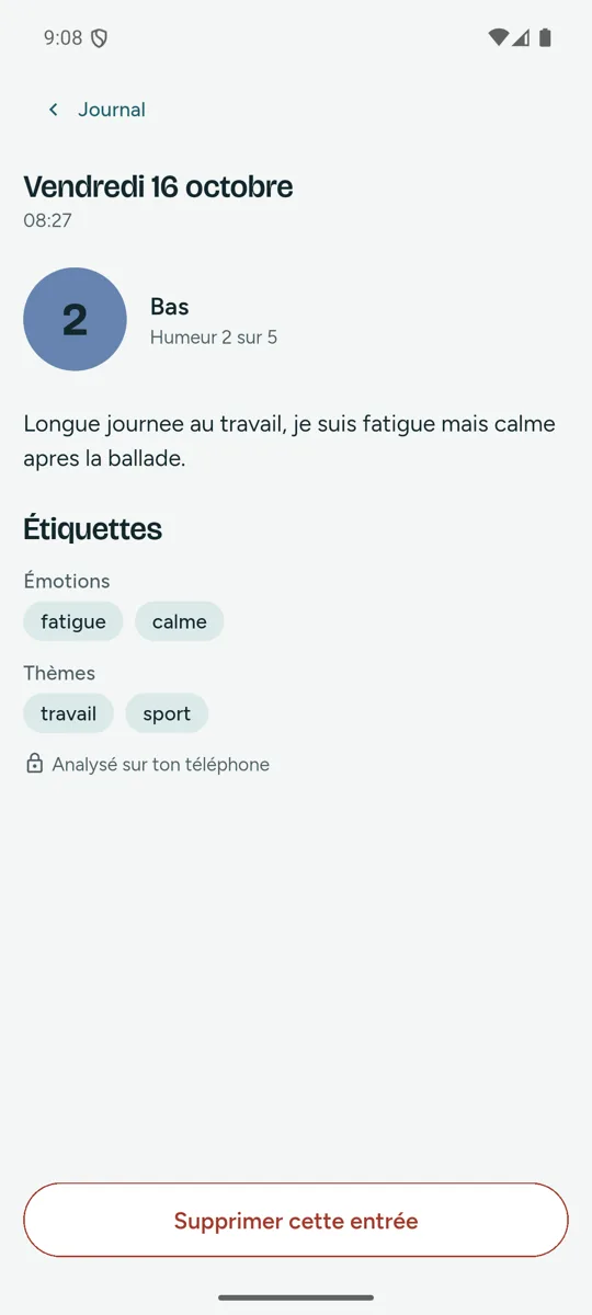 Détail d'une entrée : humeur 2 « Bas », texte, étiquettes trouvées par le modèle local et mention « Analysé sur ton téléphone »
