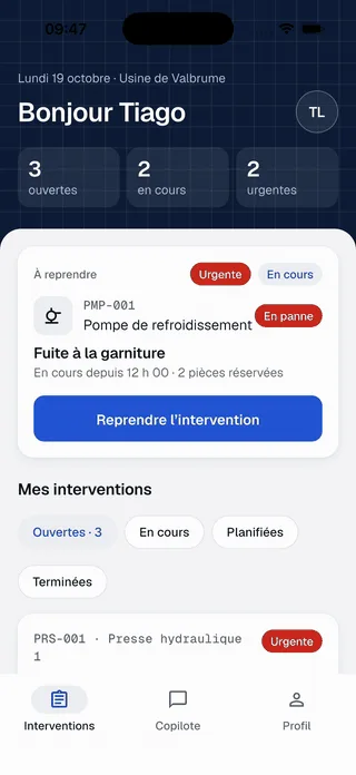 Liste des interventions : compteurs ouvertes, en cours et urgentes, carte « À reprendre » et filtres