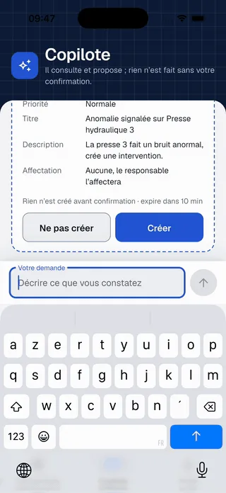 Copilote : proposition d'intervention en pointillés avec les boutons « Ne pas créer » et « Créer »