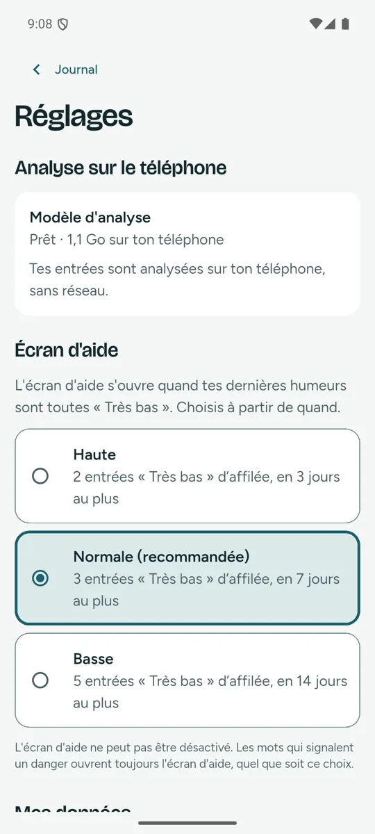 Réglages : modèle d'analyse prêt sur le téléphone et sensibilité de l'écran d'aide