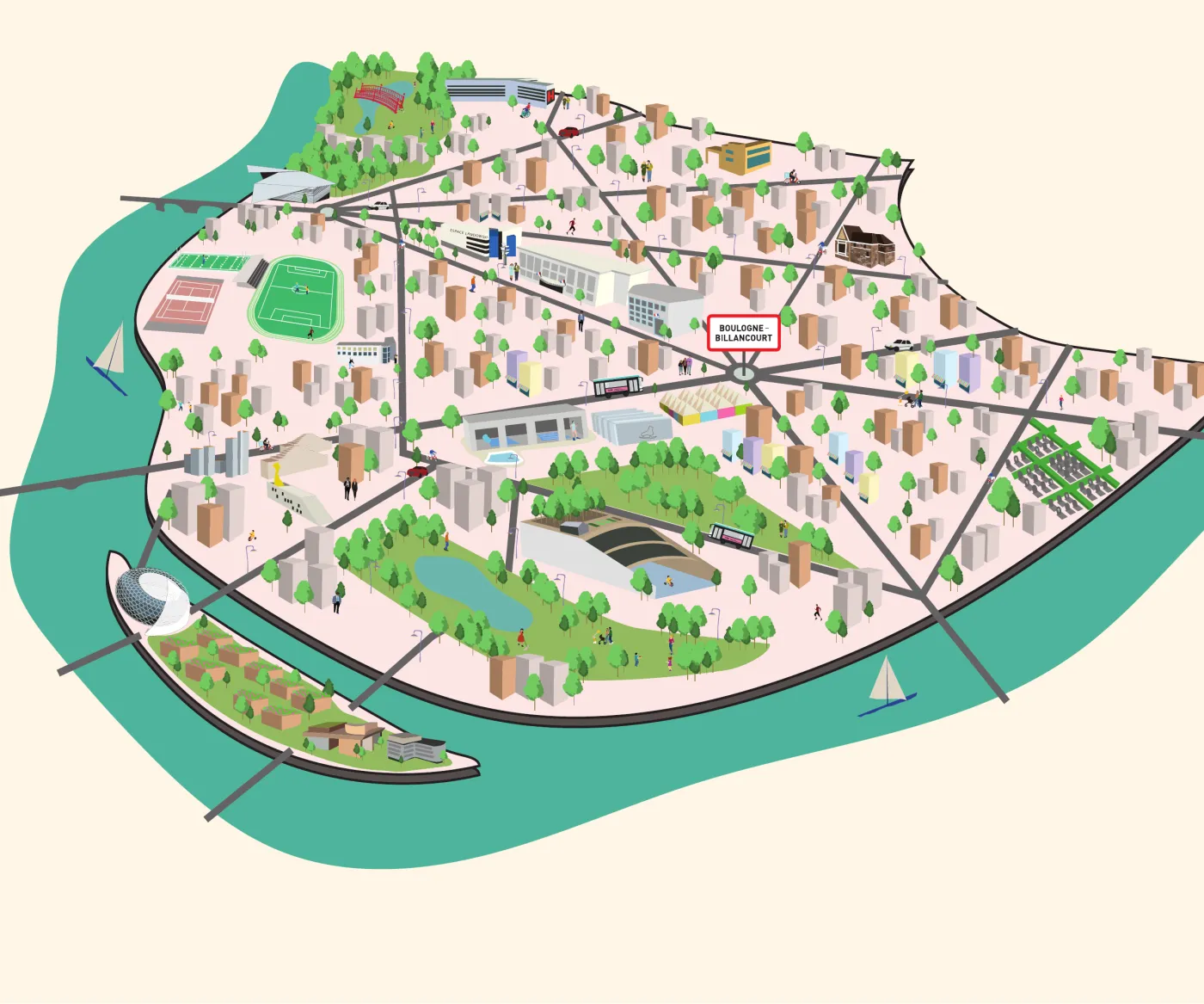 Plan isométrique de Boulogne-Billancourt bordé par la Seine, avec ses bâtiments, parcs et rues