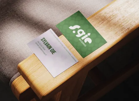 Cartes de visite S.Gie posées sur un accoudoir en bois